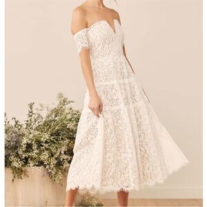🆕 LULUs Absolutely Stunning White Lace Off-the-Shoulder Midi Dress Sz Small/Med